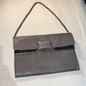 BCBG Max Azria RUNWAY Black Chain Clutch Evening Bag Patent Leather Trim (RARE)